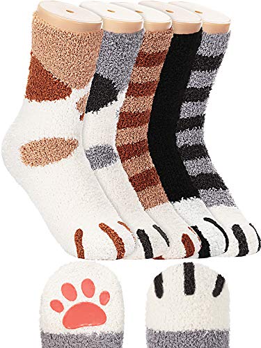 SATINIOR Cat Claw Socks with Non-Slip Toes Warm Cat Socks Cat Cozy Fluffy Slipper Socks for Women - One Size - Black, Striped Grey, Striped Khaki, Grey Dot, Khaki Dot
