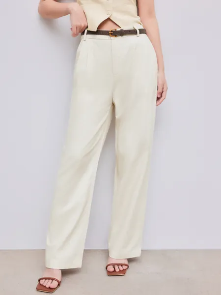 Linen-Blend Solid Wide Leg Pants With Belt