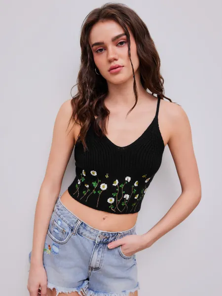 Knit Floral Scoop Neckline Crop Tank Top