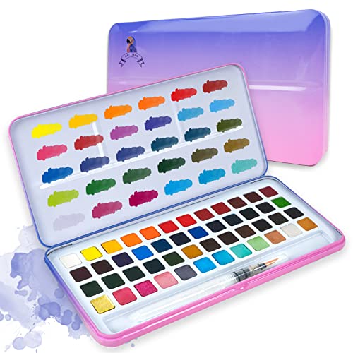 MeiLiang Watercolor Paint Set, 48 Vivid Colors Includes12 Metallic Glitter Solid Colors in Pocket Box with Metal Ring and Watercolor Brush, Perfect as Art Gift, Suitable for Beginners, Professionals