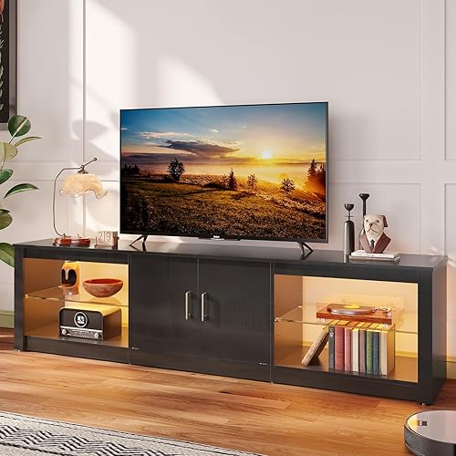 Bestier LED TV Stand for 75 Inch TV Large Entertainment Center Gaming with Storage Glass Shelves Two Cabinets Modern TV Console for Living Room - 70 Inch - Glossy Black