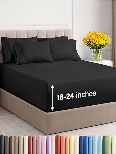 Extra Deep Full Sheet Set - 6 Piece Breathable and Cooling Sheets - Hotel Luxury Bed Sheets Set - Easy & Secure Fit - Soft, Wrinkle Free and Comfy Sheets Set - Black Sheet Set with Extra Deep Pockets - Full - 25 - Black