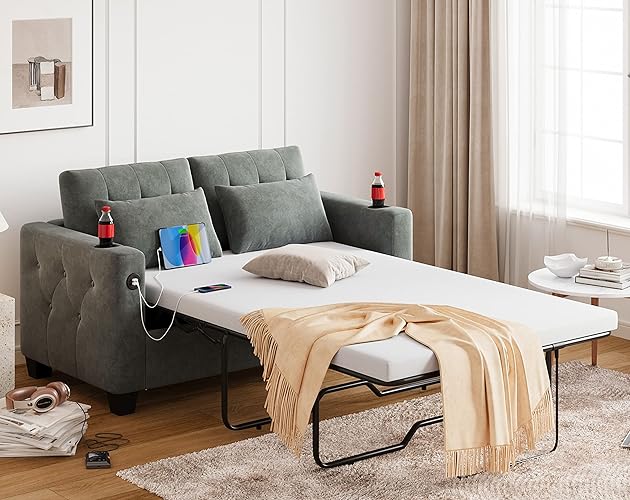 LINSY HOME Pull Out Sofa Bed, 2-in-1 Convertible Sleeper Couch with Memory Foam Mattress and Solid Wood Bed Frame, Two Seat Loveseat Sleeper Sofa Bed for Living Room, Dark Grey, Full Size - Full Size - Dark Grey