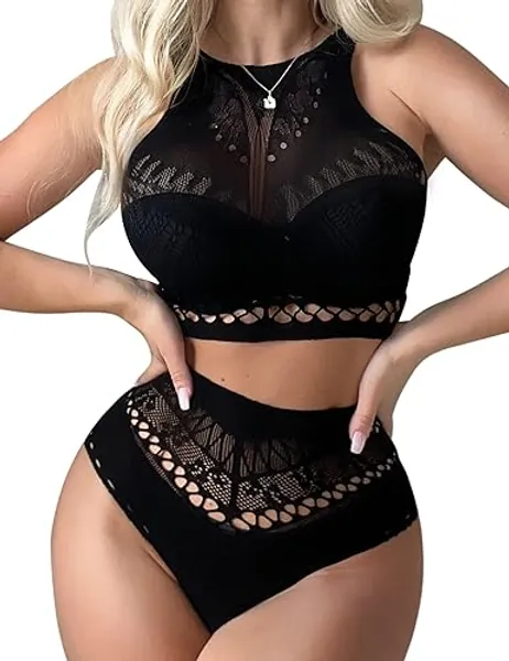 RSLOVE Women Sexy Mesh Lingerie Fishnet Babydoll Free Size Bodysuit See Through Shirts Long Sleeve Lingerie - One Size - Black-sleeveless