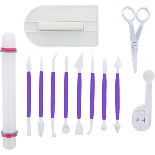 ScivoKaval Marshmallow Fondant Cake Decorating Hand Tool 12 Pcs 5 Sets Sugarcraft Gumpaste Icing Smoother Rolling Pin Trimmer Cutter Embosser Flower Scissor Modelling Accessories Supplies Kit Purple - Purple