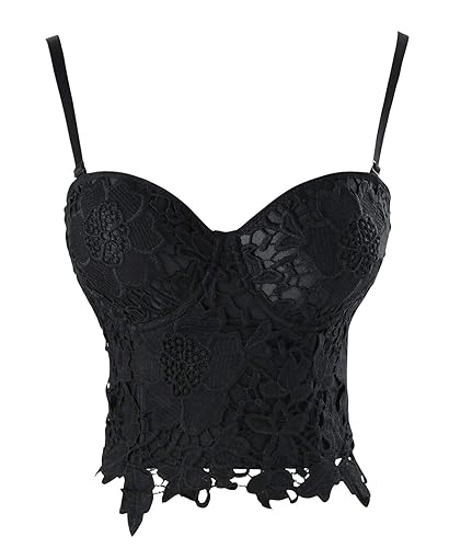 Charmian Women's Punk Goth Floral Lace Bustier Corset Party Bralet Crop Top - Small - Black