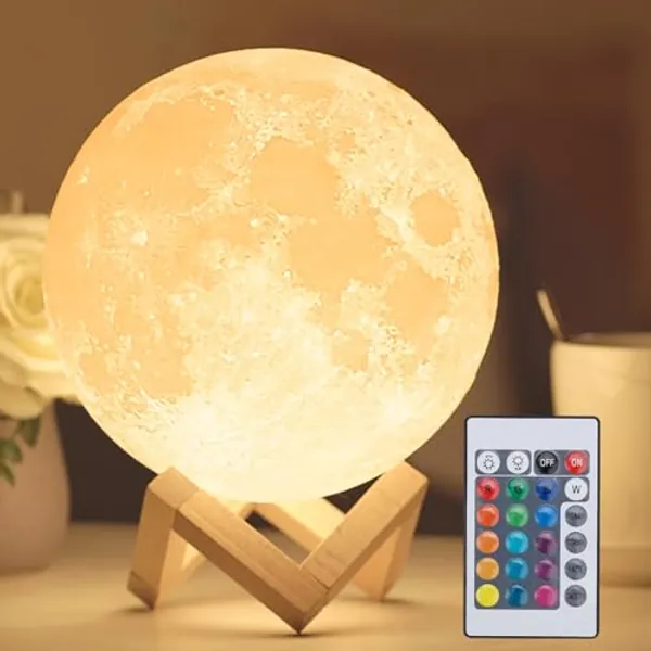 Mydethun 16 Colors 3D Moon Lamp with 148 Combination Modes, Moon Light Gift for Mother's Day, LED Night Light Lamp for Kids, Girls, Bedroom, Home Decor with Remote Control, 7.1 inches, w/Wood Stand