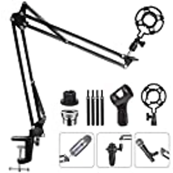 Eastshining Upgraded Adjustable Microphone Suspension Boom Scissor Arm Stand w/ Shock Mount Mic Clip Holder 3/8 to 5/8 inch Screw Adapter for Blue Yeti, Snowball & Other Microphones(stand W/ adapter)