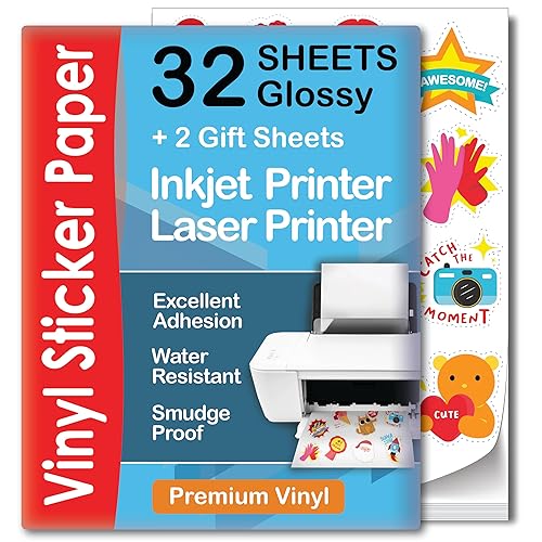 Premium Printable Vinyl Sticker Paper for Inkjet & Laser Printer - 32 Sheets Self-Adhesive Sheets Glossy White Waterproof, Dries Quickly Vivid Colors, Holds Ink well- Tear Resistant (Glossy) - Glossy