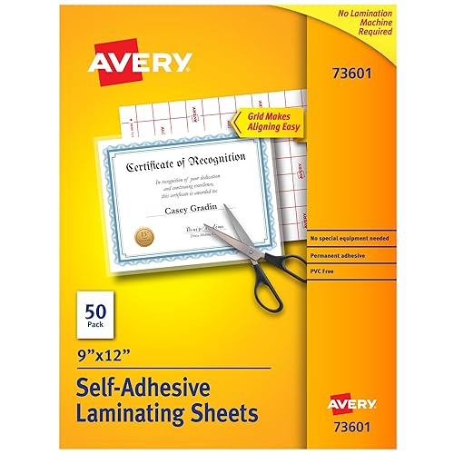 Avery 73601 Self-Adhesive Laminating Sheets, 9 x 12 Inch, Permanent Adhesive, 50 Clear Laminating Sheets - 50 Sheets - Clear