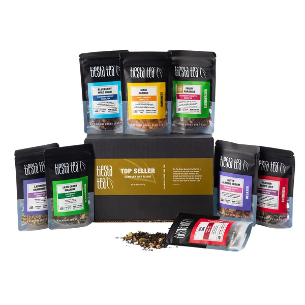 Tiesta Tea Tiesta's Top 8 Favorites Tea Sampler Dry Flight Set - High to No Caffeine, Hot & Iced Tea, Loose Leaf Tea Variety Pack with Green, Herbal, Black & Chai Tea, 8 Sample Pouches - Top Seller