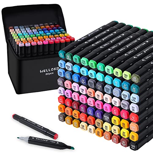 WELLOKB Alcohol Based Marker with Case, 80 Colors Dual Tip Permanent Art Markers for Book Painting Card Making Coloring Illustrations Sketch,Christmas gift for Kids Adults - Fine,Permanent