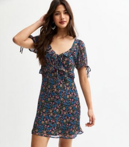 Black Floral Print Tie Sleeve Chiffon Mini Dress