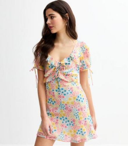 Pink Floral Print Tie Sleeve Bias Cut Chiffon Mini Dress