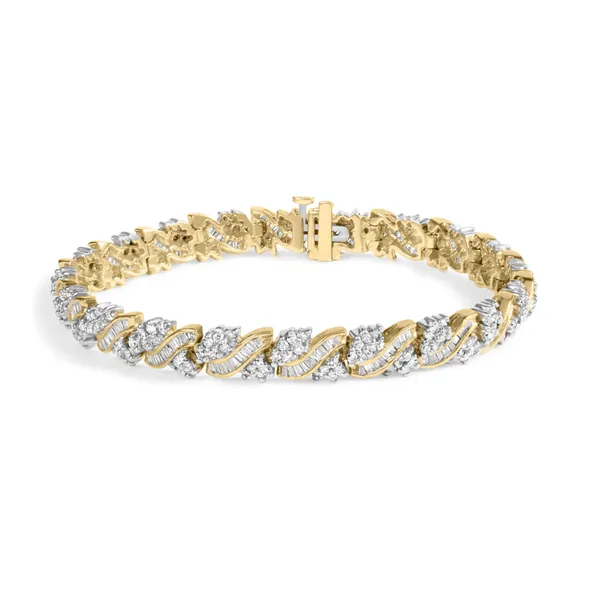 14K Yellow Gold 4.00 Cttw Diamond Woven Composite Cluster and S-Link Bracelet (I-J Color, I1-I2 Clarity) - 7 Inches