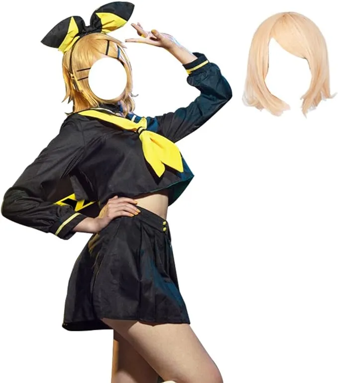 jrswai Vocaloid02 Rin Len Cosplay Costume Anime Sailor Uniform Halloween Party Outfit Full Set - Small Black2