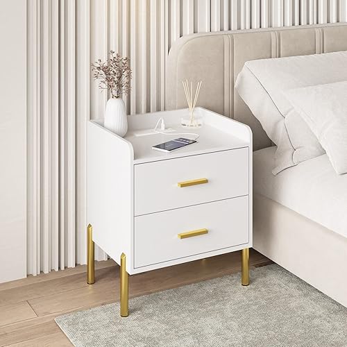 2 Drawer White Nightstand for Bedroom, Mid Century Modern End Table with Charging Station Farmhouse Storage Night Stand Side Table with USB Ports and Outlets for Living Room - White