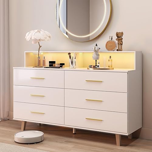 UNIQUITE 6 Drawers Dresser with LED Light and Power Outlet, Wood White Dressers for Bedroom & Chests of Drawers, Large Double Dressers for Bedroom, Living Room, Entryway, Hallway - White