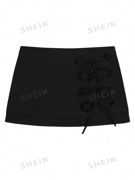 SHEIN EZwear Solid Color Bow-Knot Detail Midi Skirt