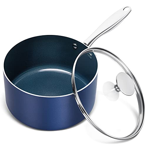 MICHELANGELO 3 Quart Saucepan with Lid, Nonstick Ceramic Sauce Pan with Stainless Steel Handle, 3 Qt Saucepan with Lid Induction Compatible, Oven Safe, Blue - 3 Quart
