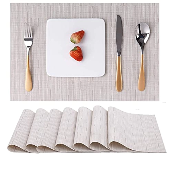 Myir JUN Place Mats, Table Mats Set of 8 Indoor Placemats Washable Non-Slip Heatproof Woven Placemats for Dining Table Fabric Place Mat PVC (Beige, Set of 8)