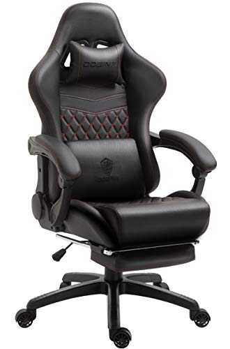 Dowinx Gaming/Office PC Chair with Massage Lumbar Support, Vintage Style PU Leather High Back Adjustable Swivel Task Chair with Footrest (Black and Red) - Black