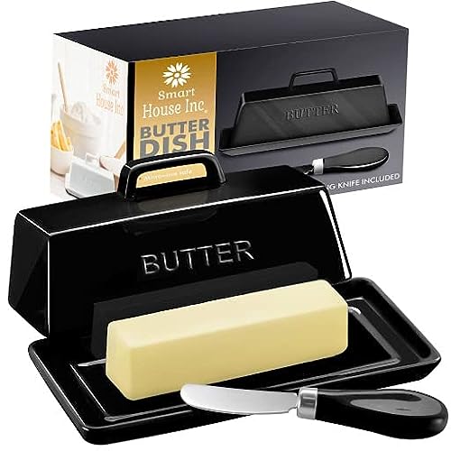 Ceramic Butter Dish Set with Lid and Knife - [Black]- Decorative Butter Stick Holder with Handle for 1 Stick of Butter - Microwave Safe, Dishwasher Safe - Anti-Scratch Stickers Included. - Black