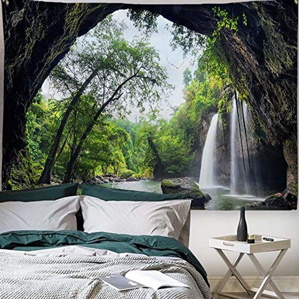 PROCIDA Mountain Cave Tapestry Forest Wall Hanging Waterfall Nature Landscape Wall Tapestry for Bedroom Living Room College Home Decorations with Nails, 60" W x 40" L, Mountain Waterfall
