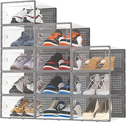 Shoe Storage Box,12 pcs Stackable Shoe Boxes Clear Plastic Shoe Organizer Shoe Containers with Lids for Women/Men