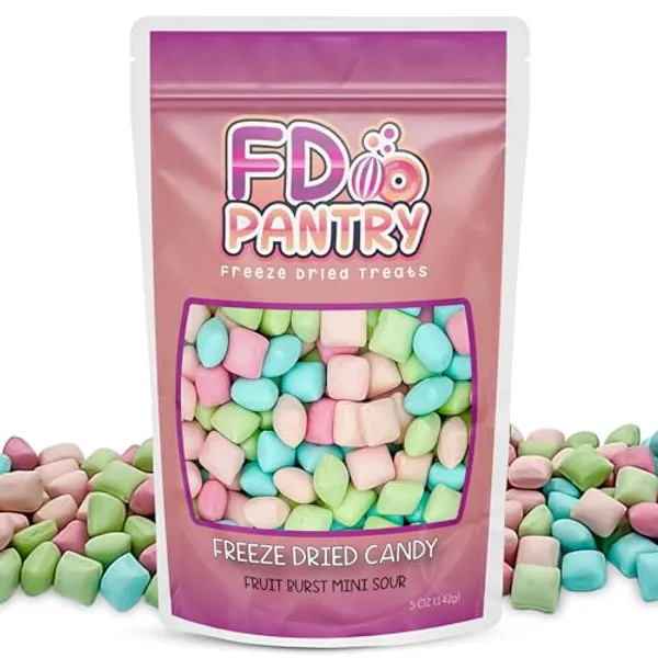 Freeze Dried Fruit Bursts Candy - Mini Sour l Hard Candy Mix 5oz Treat Snack Gift Bag Cherry, Strawberry, Blue Raspberry, Watermelon Freeze-Dried Candies