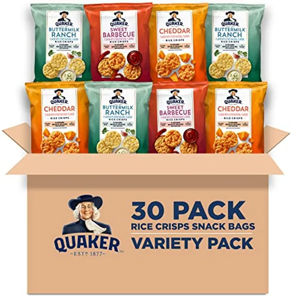 Quaker Rice Crisps, Gluten Free, 3 Flavor, Single Serve, 0.67, Savory Variety Pack, 20.1 Oz,Pack of 30