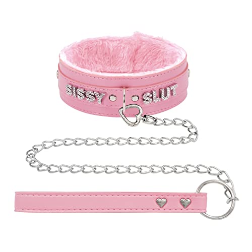 ADEMISHIA Pink Fluffy Choker Necklace For Women, Soft Plush Leather Collar With Rhinestones Letters Punk Gothic Cosplay Jewelry - PKSISSY with chain