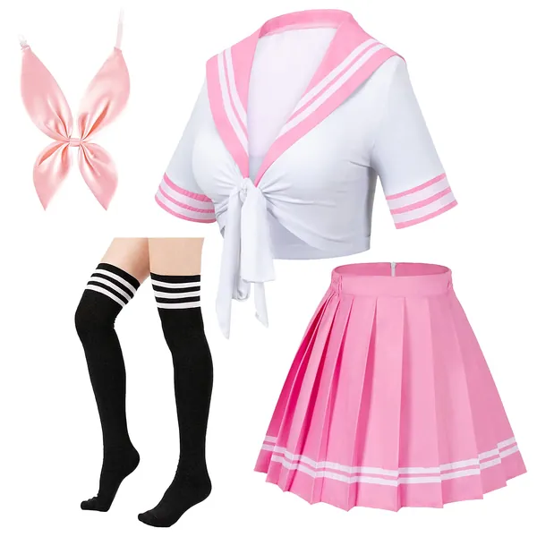 Japanese Anime Schoolgirl Classic Sailor JK Harajuku Crop Top Tie up Pleated Skirt Uniform Seifuku Socks Bow Set - 5X-Large White Pink