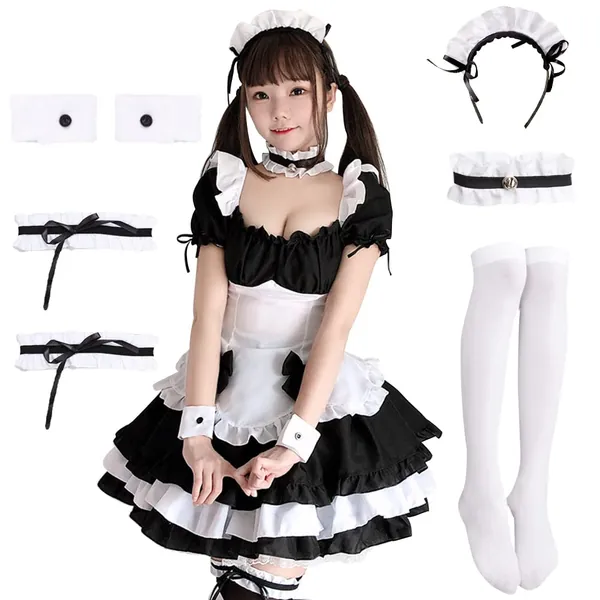 Ficlwigkis Maid Outfit Cat Ear Anime Cosplay Dress with Apron,7Pcs Womens French Cat Maid Apron Fancy Dress Halloween Costume - X-Large Lolita 3