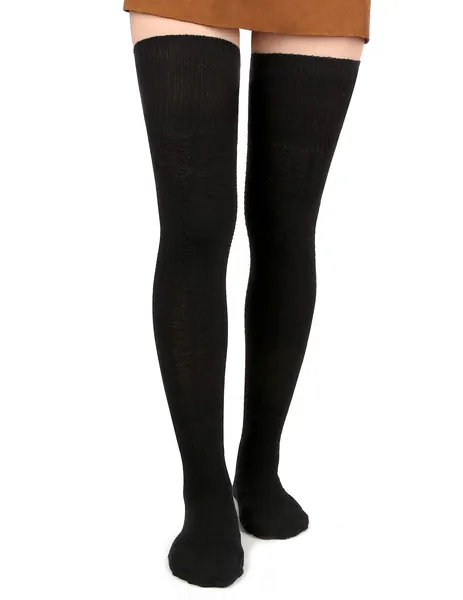 Women Thigh High Socks Knit Over Knee High Stockings Girls Tall Long Boot Leg Warmers - Black