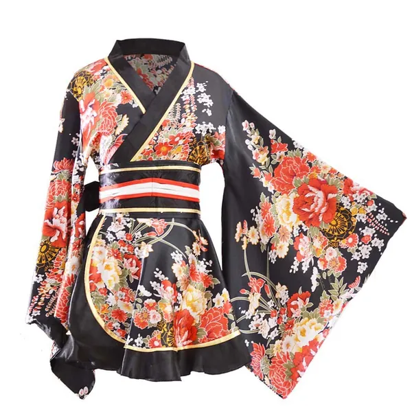 Kimono Bathrobe Costume Japanese Traditional Yukata Cosplay Women's Sexy Sakura Pattern High Split Long Kimono - Black