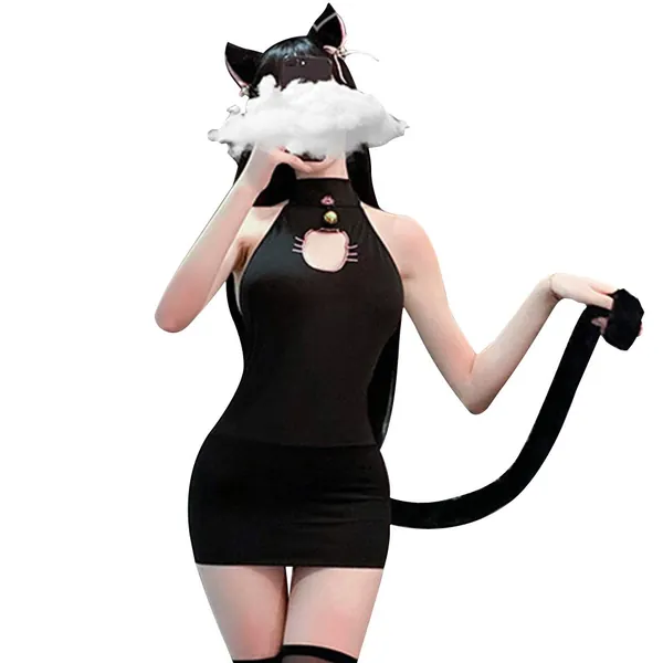 YOMORIO Anime Cat Lingerie Cute Cat Face Keyhole Bodycon Dresses Cosplay Costume - Black