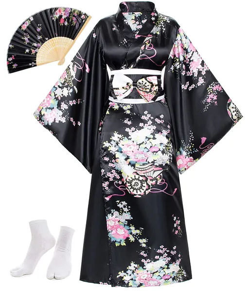 Japanese Anime Women's Kimono Robe Geisha Yukata Sweet Dress Blossom Satin Bathrobe Sleepwear Fans Tabi Socks Set - One Size Black