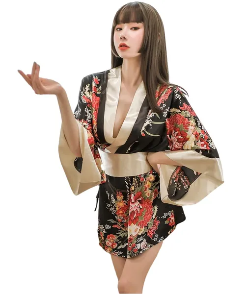 Women's Traditional Japanese Kimono Style Robe Yukata Costumes Pajamas Sexy Cosplay - 7972-black