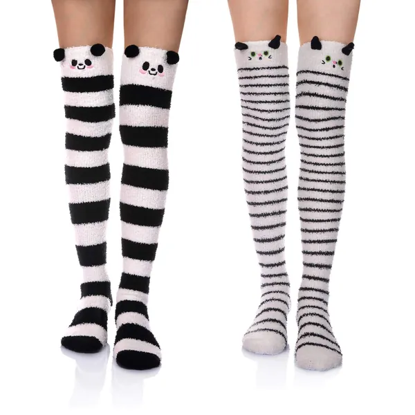 Wander G Womens Over Knee High Fuzzy Socks Cute Cartoon Thigh High Stockings Warm Stripe Leg Warmers - 2 Pair Panda/Cat