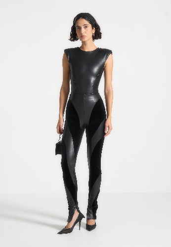 Leather and Velour Contour Leggings - Black | UK 4 / Black / WMN4104-01