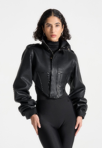 Leather Tacked Sleeve Corset Jacket - Black | UK 4 / Black / WMN3977-01