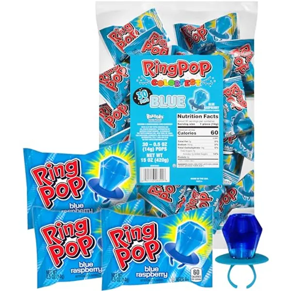 Ring Pop Colorfest Individually Wrapped Blue Raspberry 30 Count Bulk Lollipop Pack – Blue Lollipop Suckers - Fun Candy Bulk For Party Favors, Color Parties, Pool Parties, & 4th of July - Summer Treats for Kids - Blue