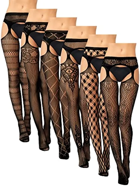 6 Pairs Women Fishnet Thigh-High Stockings Tights Suspender Pantyhose Stockings for Women Girls - Black Net - X-Large-XX-Large