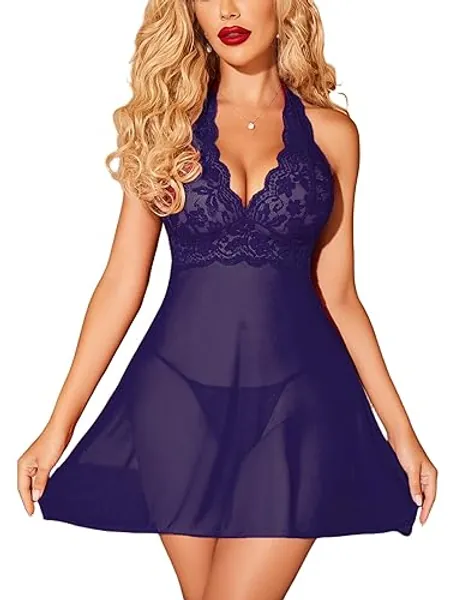 Avidlove Lingerie for Women Halter Chemise Lace Babydoll Mesh Nightwear V Neck Teddy - Large - Deep Purple