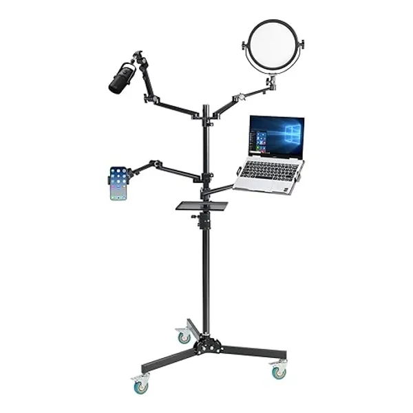 GVM 5-in-1 Movable Live Streaming Floor Stand Kit with Wheels, Overhead Camera Mount with 10" LED Key Light/Mic Boom Arm/Tablet Laptop Phone Stand/Tray for Live Broadcast Podcast Video Recording Game