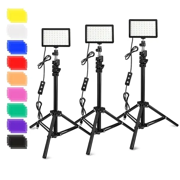3 Packs 70 LED Video Light with Adjustable Tripod Stand/Color Filters, Obeamiu 5600K USB Studio Lighting Kit for Tablet/Low Angle Shooting, Collection Portrait YouTube Photography - Light