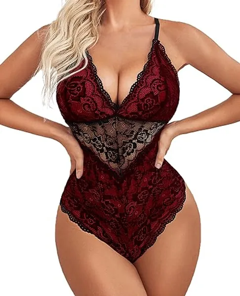 Avidlove Lingerie for Women One Piece Snap Crotch Teddy Bodysuit Contrast Lace Mini Babydoll - X-Large - Red