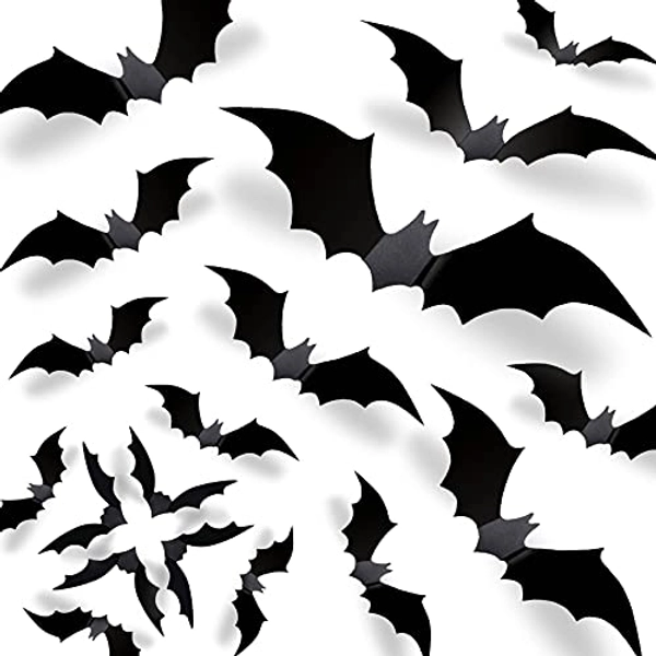 Halloween 3D Bats Decorations, 70 Pcs 5 Sizes Reusable PVC Scary Matte Black DIY Bat Stickers Realistic Vintage Goth Wall Decals for Home Decor Bathroom Porch Door Office Kitchen Window Indoor Outdoor Gothic Spooky Party Supplies