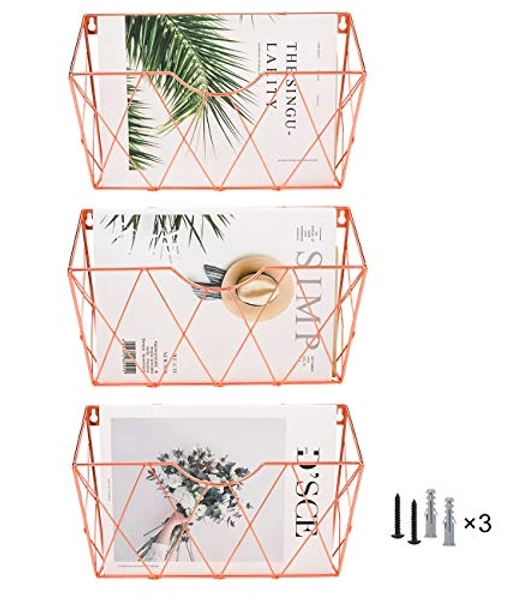 Superbpag Hanging File Organizer 3 Pockets Vertical Wall File Holder Paper Document Rack for Office and Home,Rose Gold